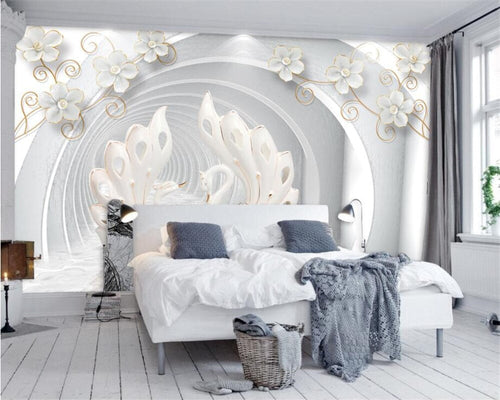 3D floral wallpaper with white swan and golden blooms creating an elegant focal point in a bright master bedroom