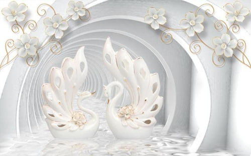 White and gold 3D swan wallpaper adding sophistication to a modern living room with natural lighting