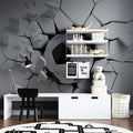 3D Football Wallpaper creating dramatic effect in modern teen bedroom, soccer ball bursting through wall