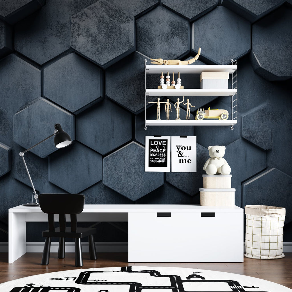 Modern home office featuring 3D Geometric Wallpaper with metallic honeycomb pattern creating depth and dimension