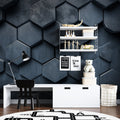 Modern home office featuring 3D Geometric Wallpaper with metallic honeycomb pattern creating depth and dimension