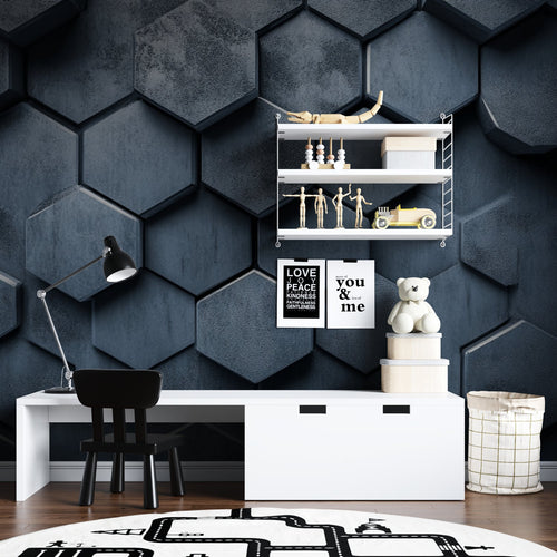 Modern home office featuring 3D Geometric Wallpaper with metallic honeycomb pattern creating depth and dimension