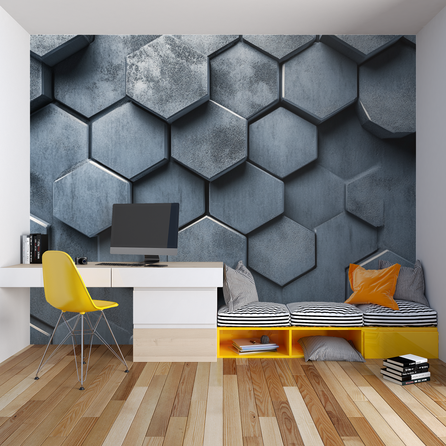 Living room with metallic geometric wallpaper showing light reflection throughout the day