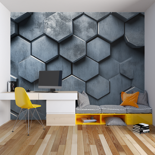 Living room with metallic geometric wallpaper showing light reflection throughout the day
