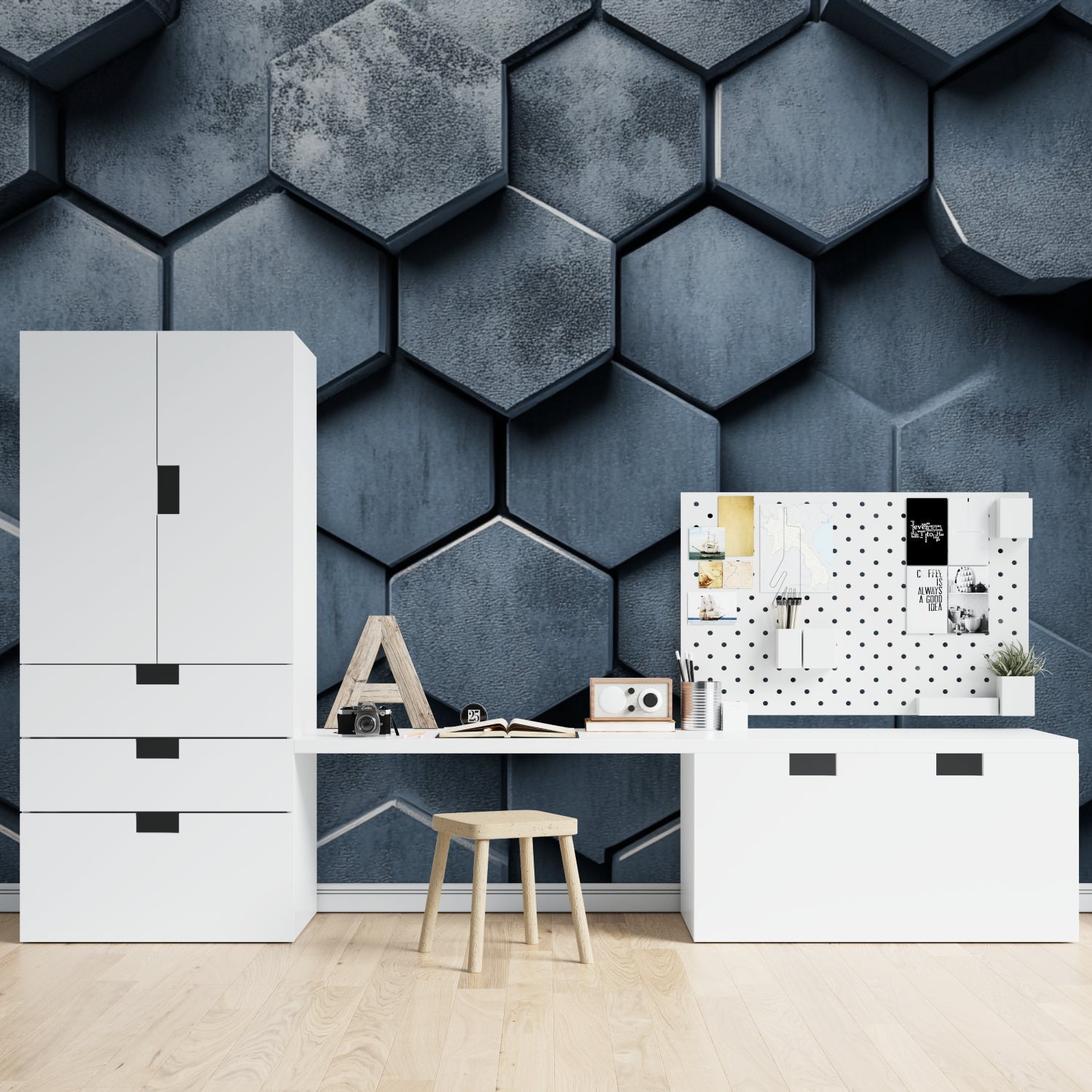 Teen bedroom wall with 3D honeycomb pattern mural in sophisticated metallic finish