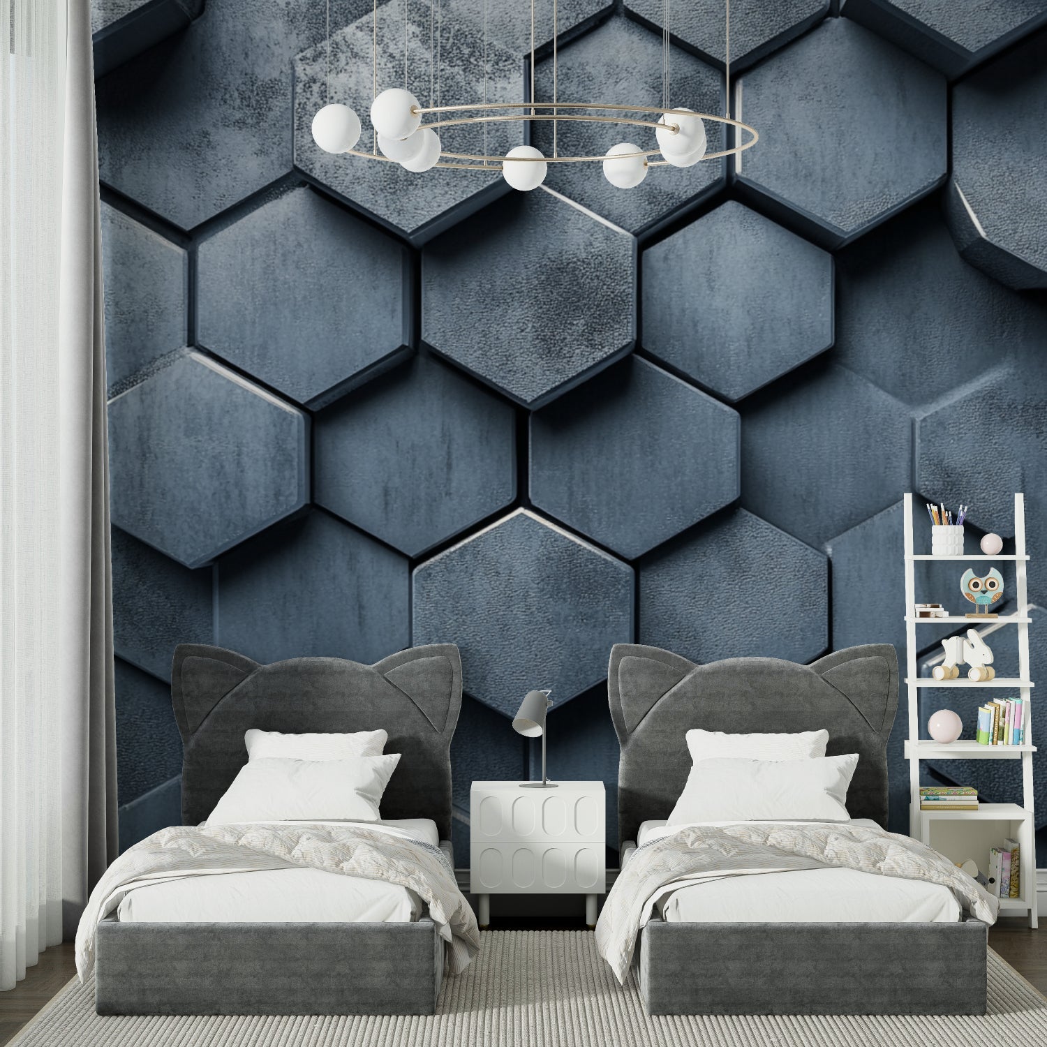 Modern dining room showcasing geometric wallpaper with striking hexagonal design