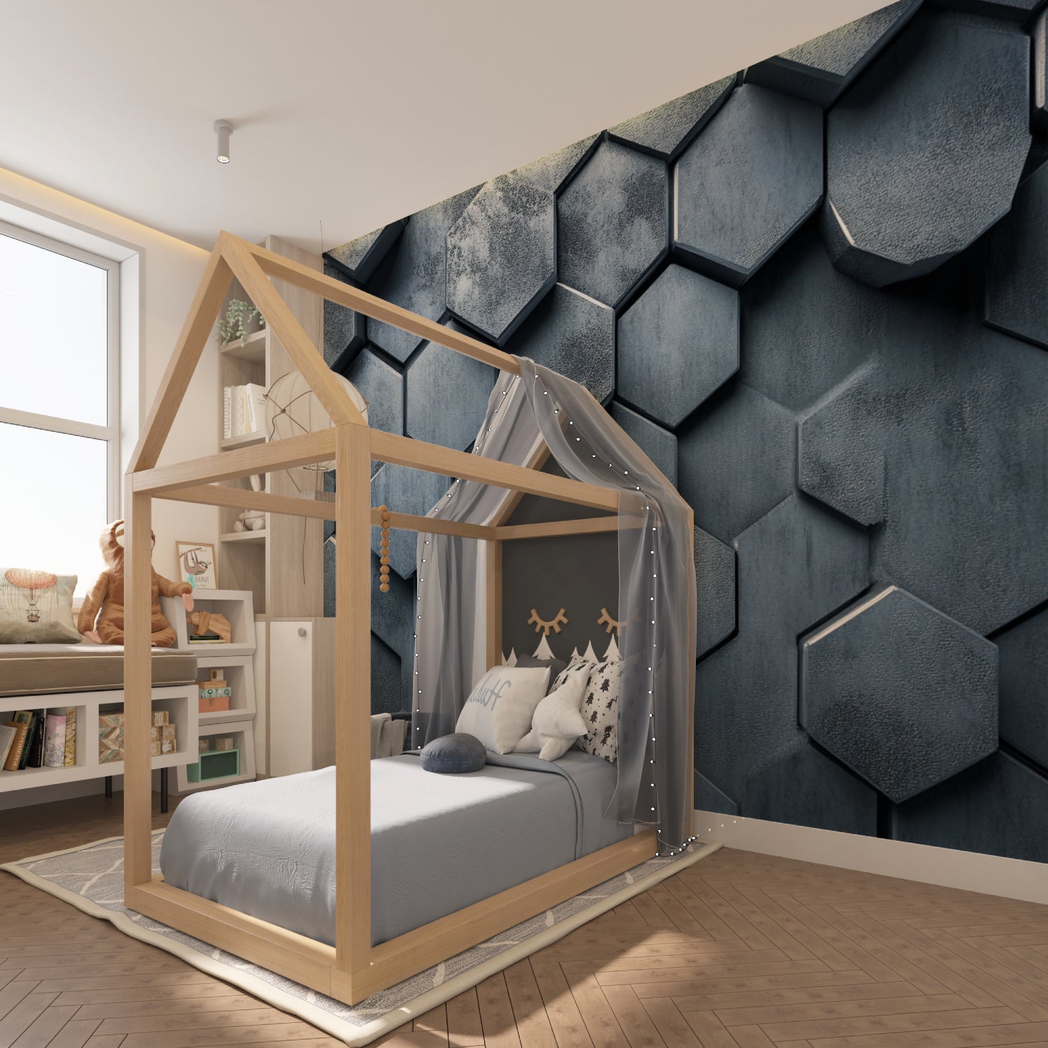 Contemporary hallway with 3D metallic honeycomb wallpaper creating visual interest