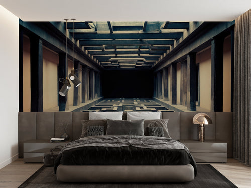 Optical illusion wallpaper in minimalist office space showing architectural perspective