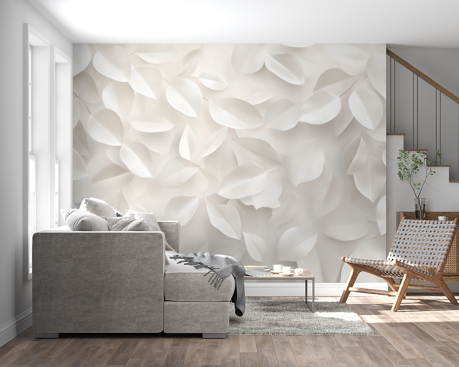 Modern white leaf wallpaper creating serene atmosphere in home office space
