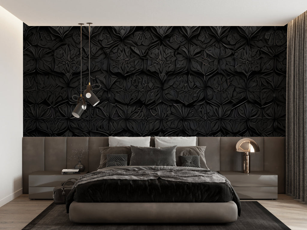 Modern black 3D geometric wallpaper creating depth in a minimalist living room setting