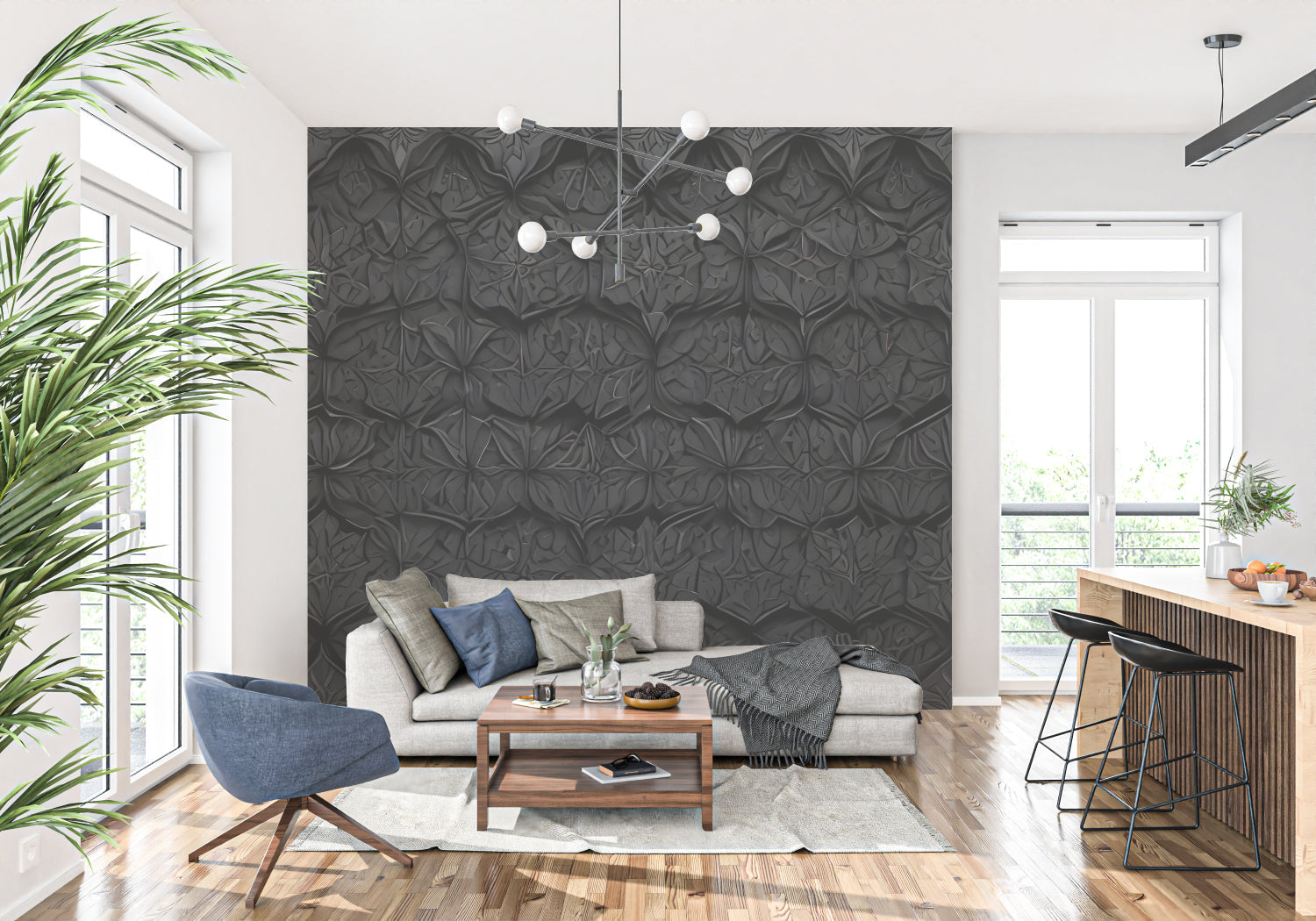 Black geometric wallpaper bringing depth to a contemporary bedroom
