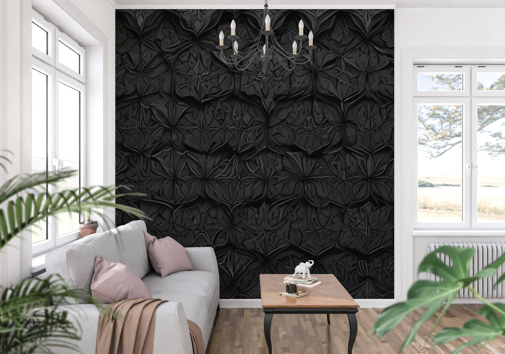 3D pattern wallpaper creating visual interest in an upscale hallway