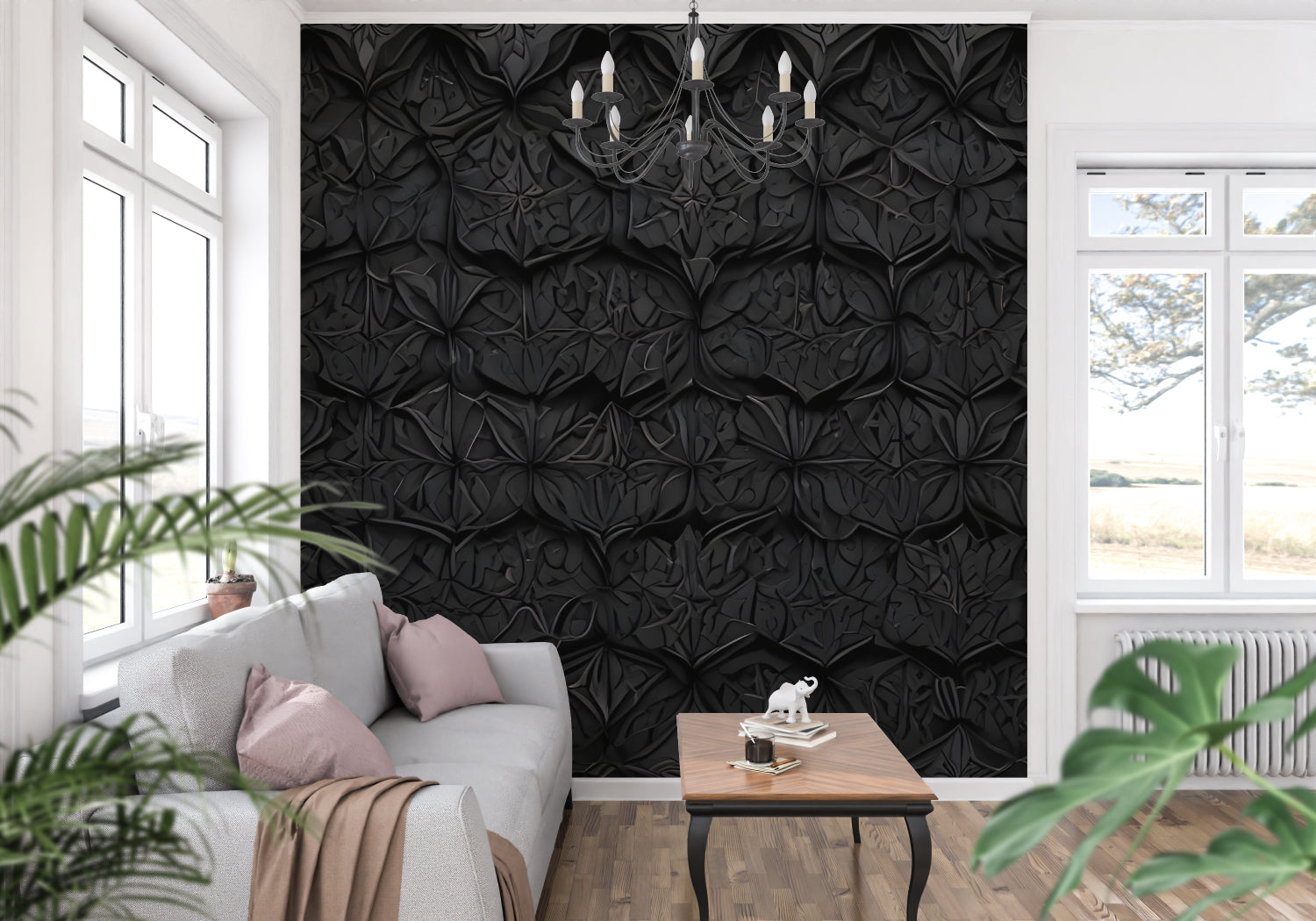 3D pattern wallpaper creating visual interest in an upscale hallway