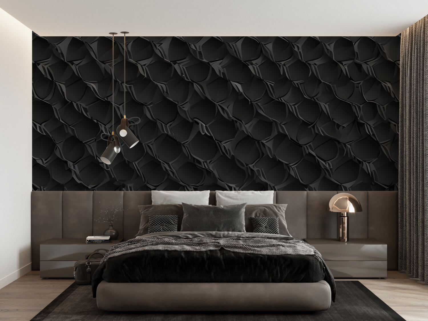 Geometric snake scale wallpaper making bold statement in master bedroom