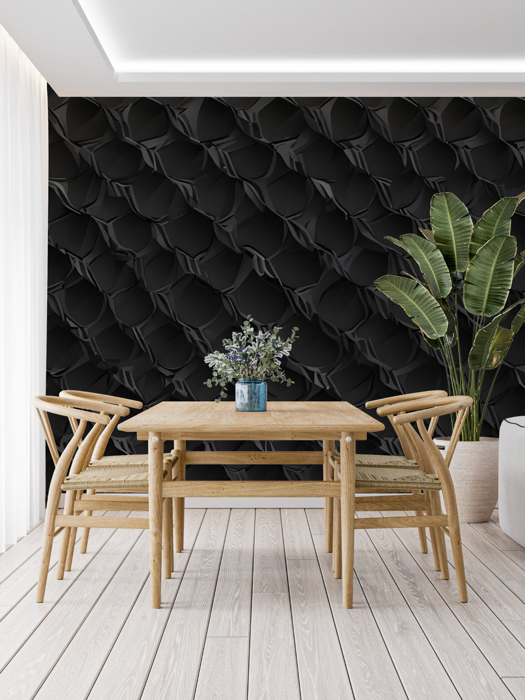 Modern office space with black 3D snake scale wallpaper accent wall