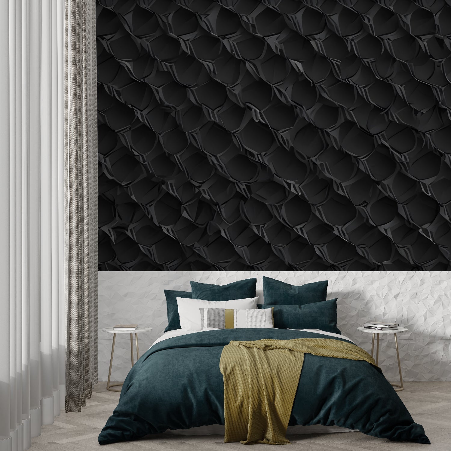 Luxury hallway featuring geometric black snake pattern wall mural