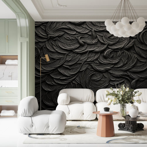 Dramatic black 3D feather wallpaper creating depth in master bedroom setting