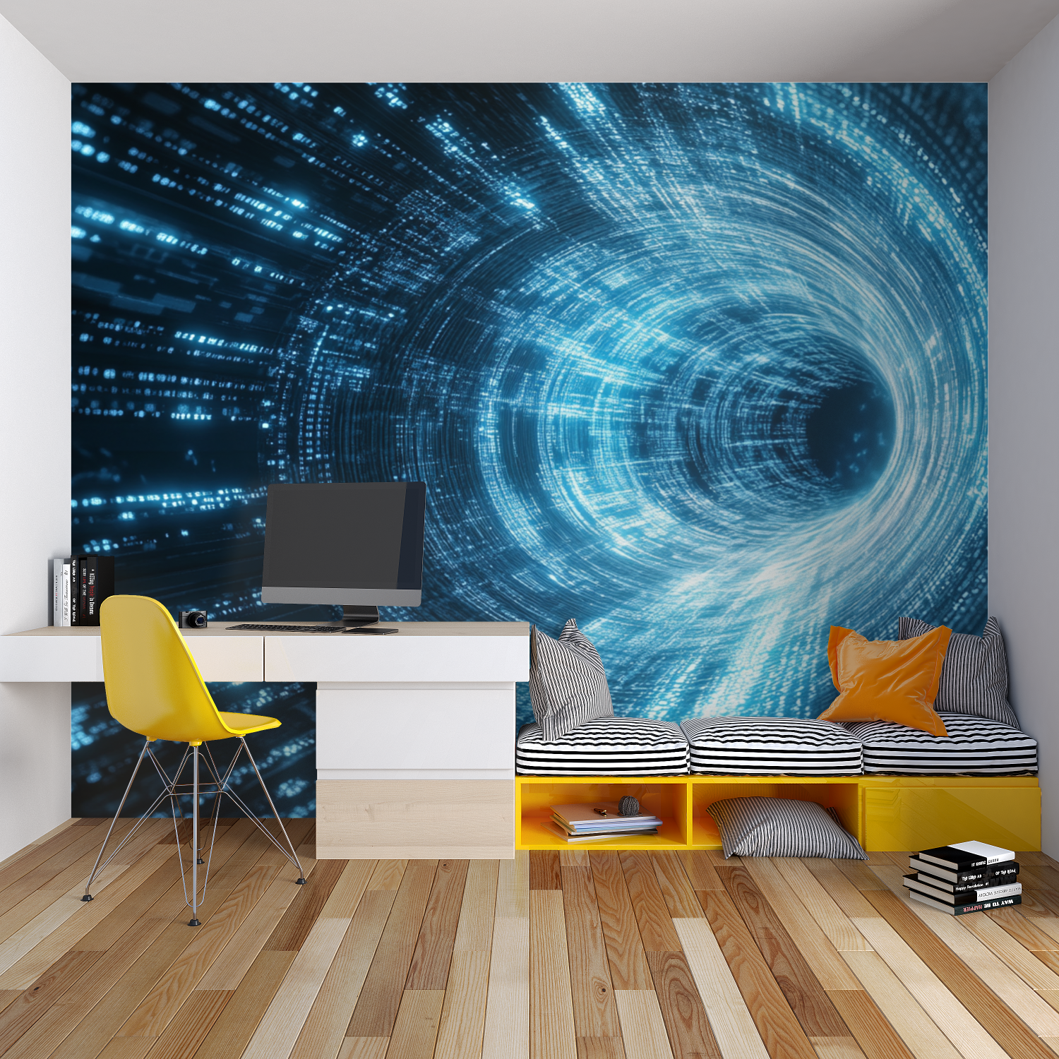 Digital portal wallpaper transforming contemporary office space with tech vibes