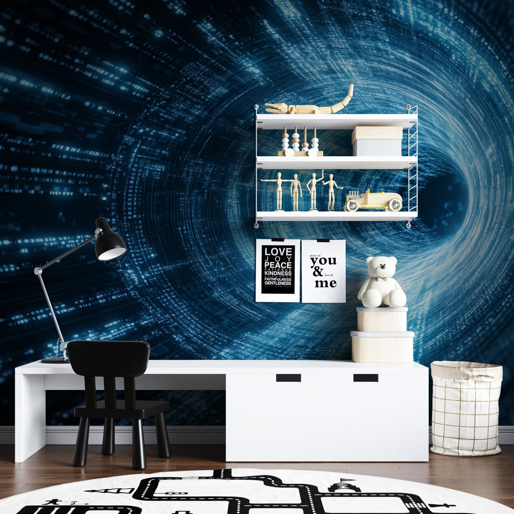 3D tunnel mural in teen bedroom showcasing glowing blue effects