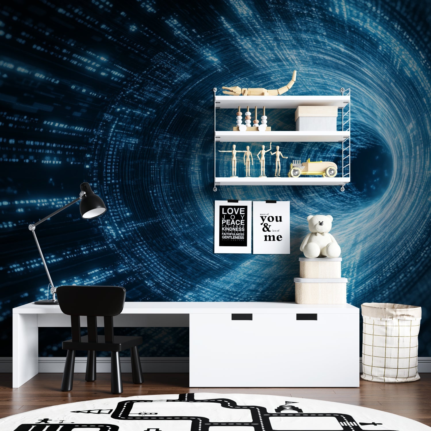 3D tunnel mural in teen bedroom showcasing glowing blue effects