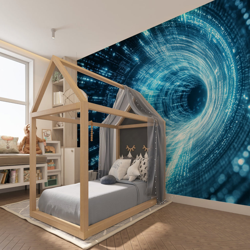 Space tunnel wallpaper creating depth in modern living room setup