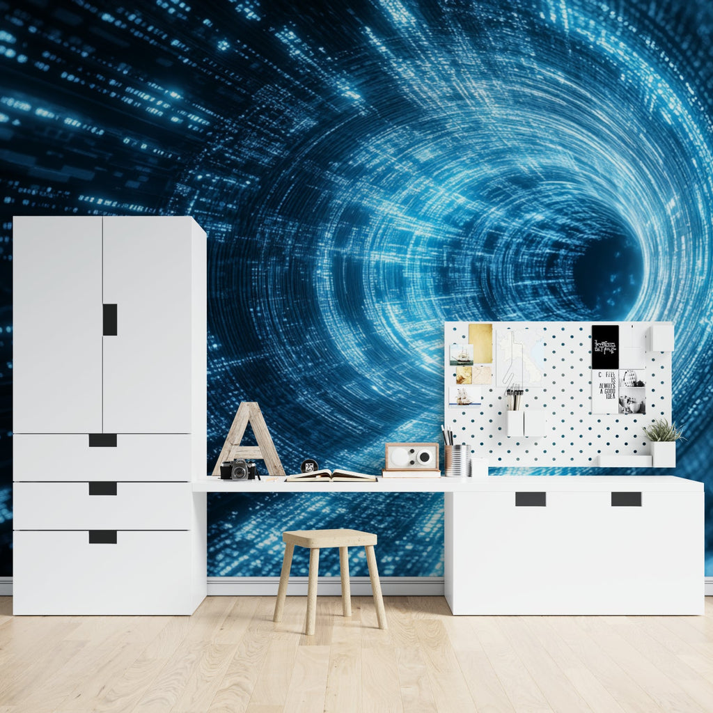 Digital vortex wall design in minimalist home theater setting
