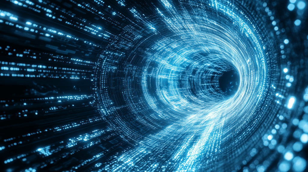 Digital space tunnel design file showing intricate cyber details and binary code pattern