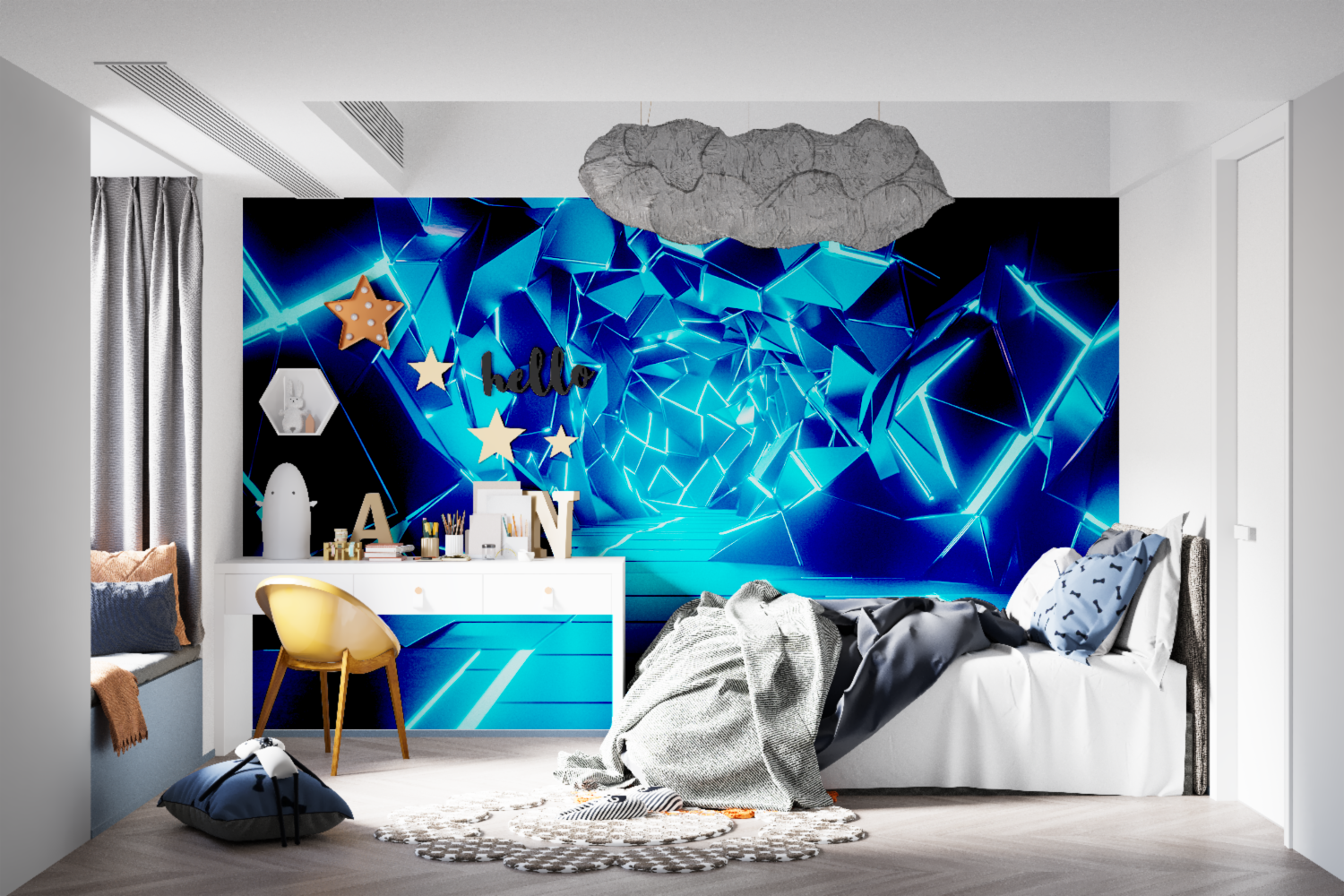 Dining area with 3D geometric pattern wallpaper glowing in evening lighting