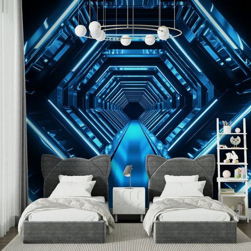 3D tunnel wallpaper creating depth in modern gaming room with LED accent lighting
