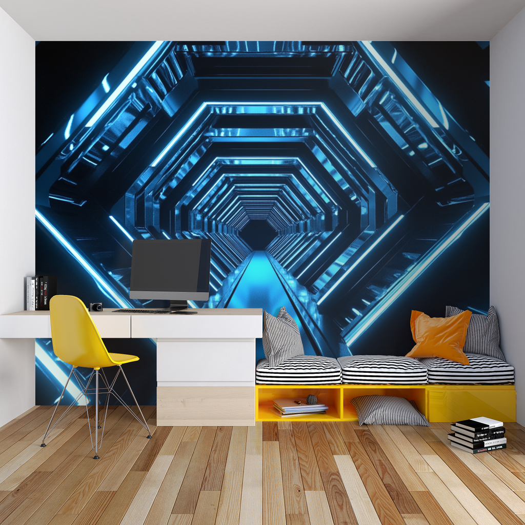 Geometric tunnel mural creating depth in urban studio apartment