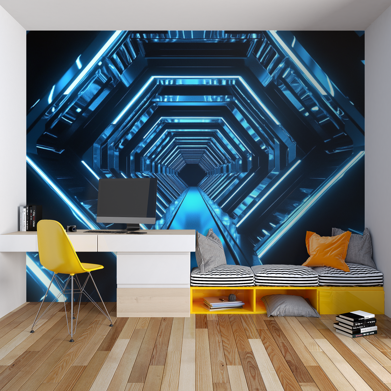 Geometric tunnel mural creating depth in urban studio apartment