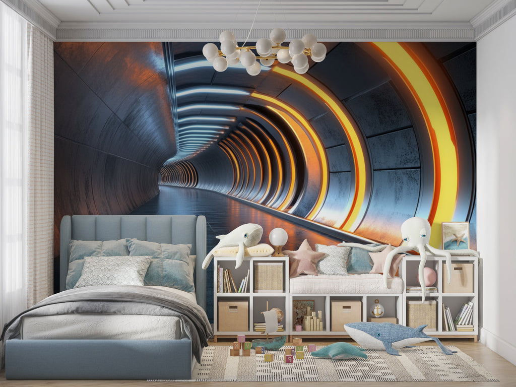 3D perspective wallpaper transforming gaming room with glowing tunnel effect