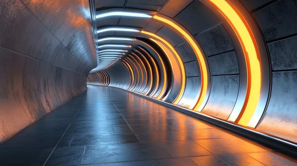 High-resolution design file of 3D tunnel wallpaper with orange glow effect