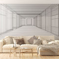 Modern living room featuring 3D geometric wallpaper creating optical depth illusion on feature wall