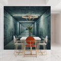3D tunnel wallpaper creating depth in modern living room with grey sofa and minimal decor