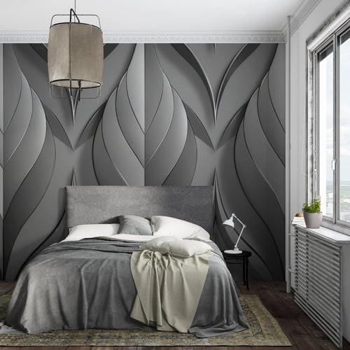 Modern grey 3D geometric wallpaper creating depth in a minimalist living room setting