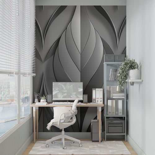 Contemporary office space featuring 3D leaf pattern grey wallpaper behind desk area