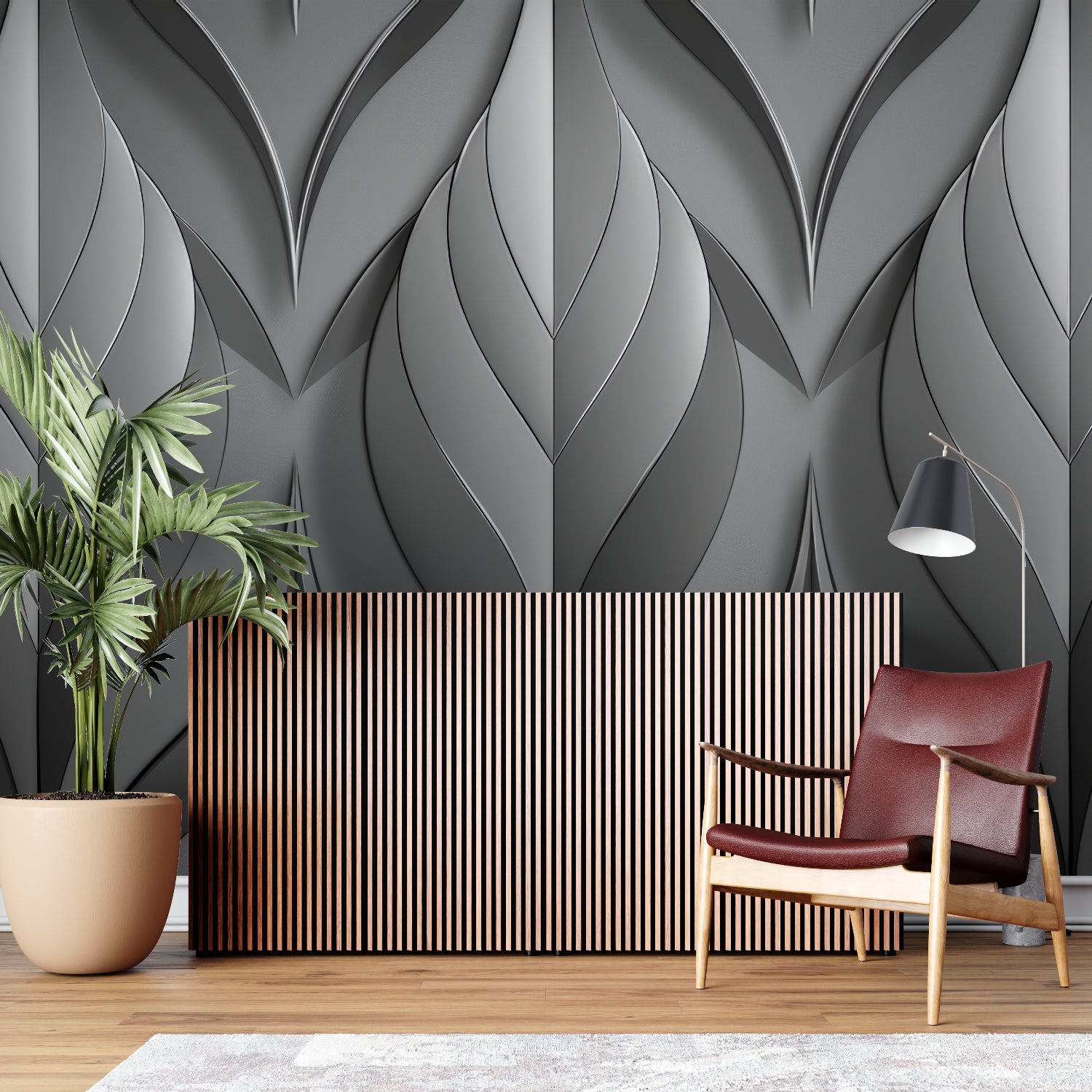 Hotel lobby showcasing modern grey 3D geometric wallpaper in entrance area