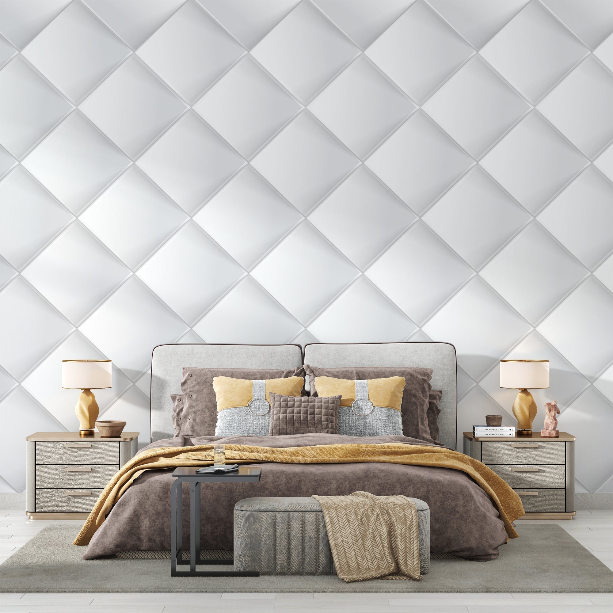 Modern white 3D diamond wallpaper in a bright living room with minimal furniture and large windows