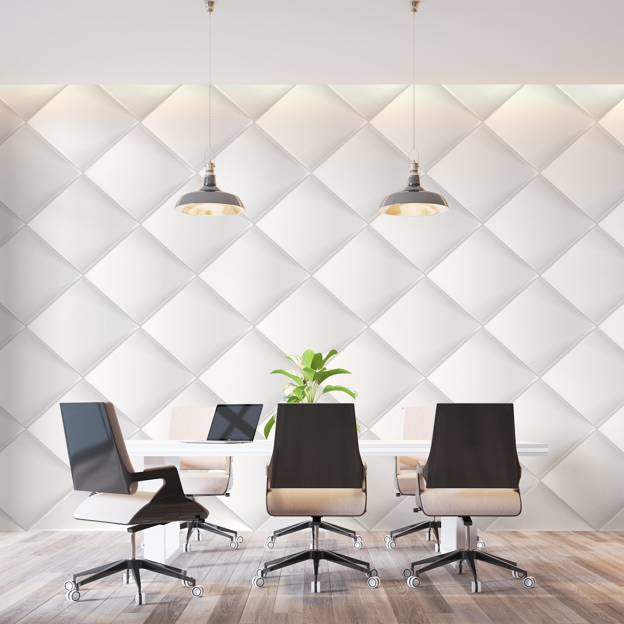 3D white diamond wallpaper making a statement in a modern office space with clean lines