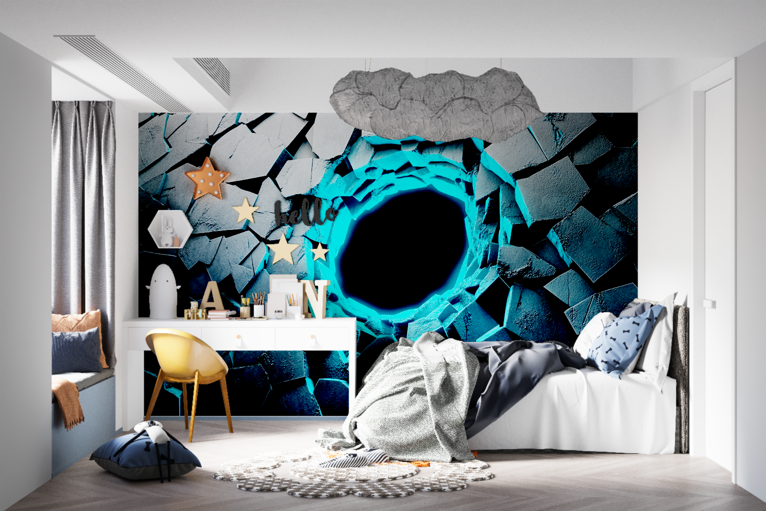 Modern living room showcasing the 3D Gaming Portal wallpaper creating a stunning focal wall