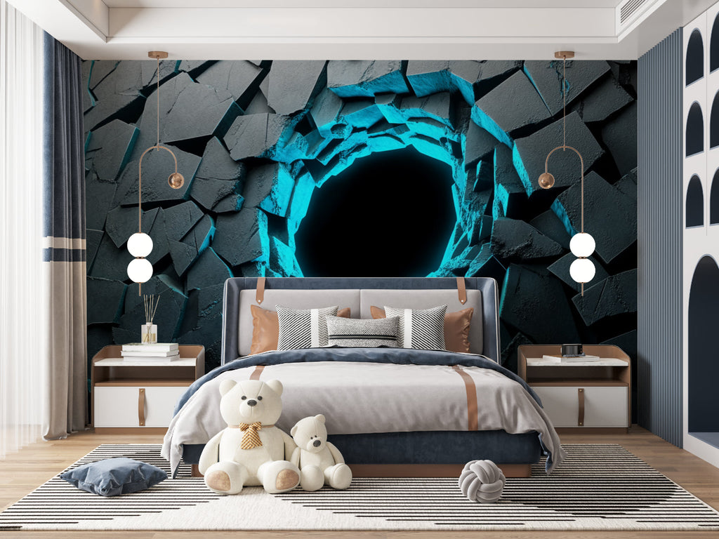 Entertainment room with Gaming Portal mural wallpaper glowing under ambient lighting