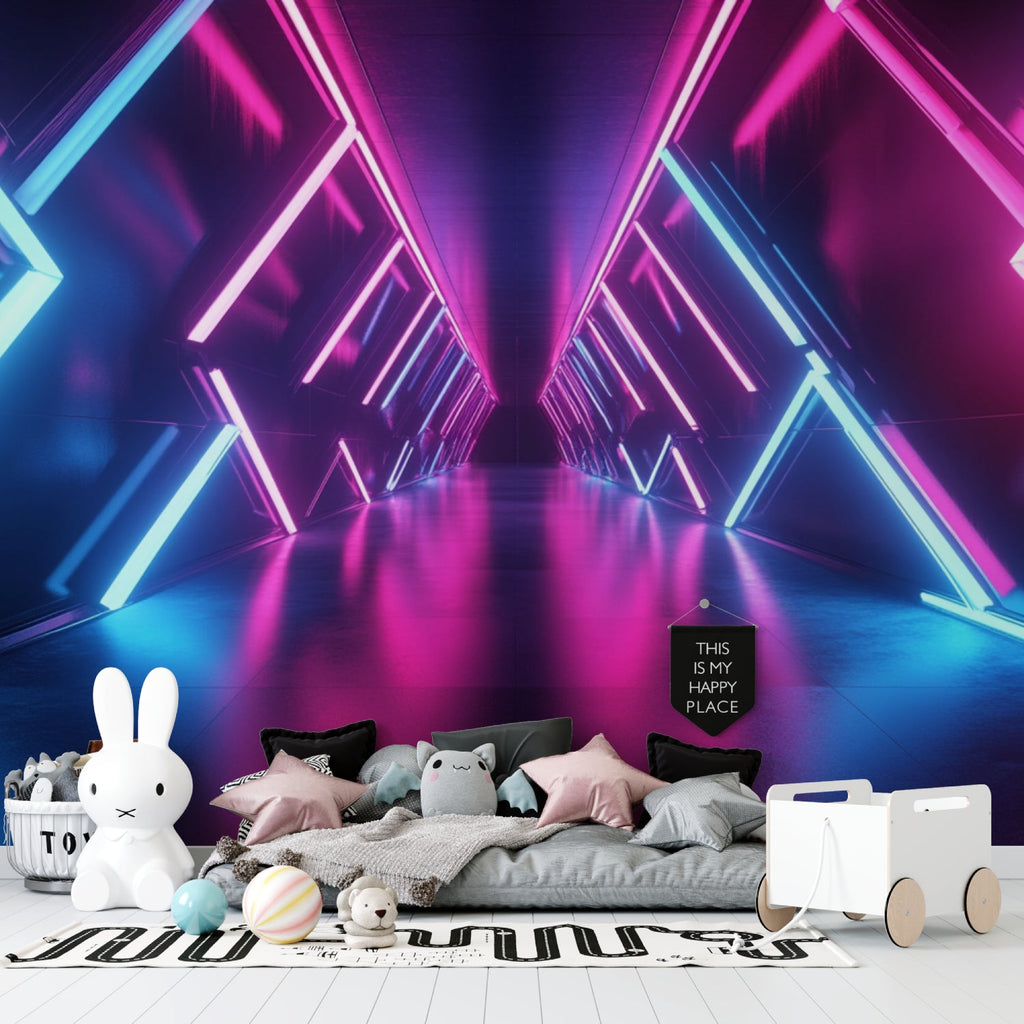 Neon geometric wallpaper creating depth in modern entertainment room setting