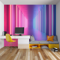 3D neon corridor wallpaper in modern gaming room creating depth effect with purple and blue lights