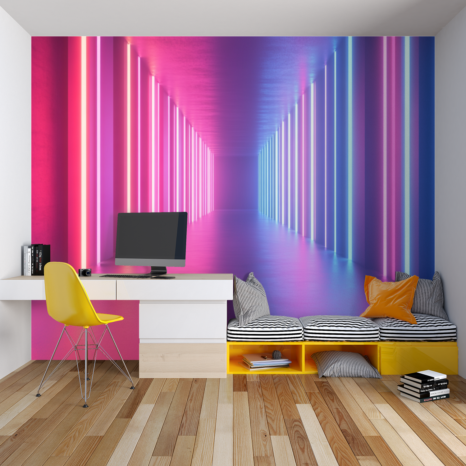 3D neon corridor wallpaper in modern gaming room creating depth effect with purple and blue lights