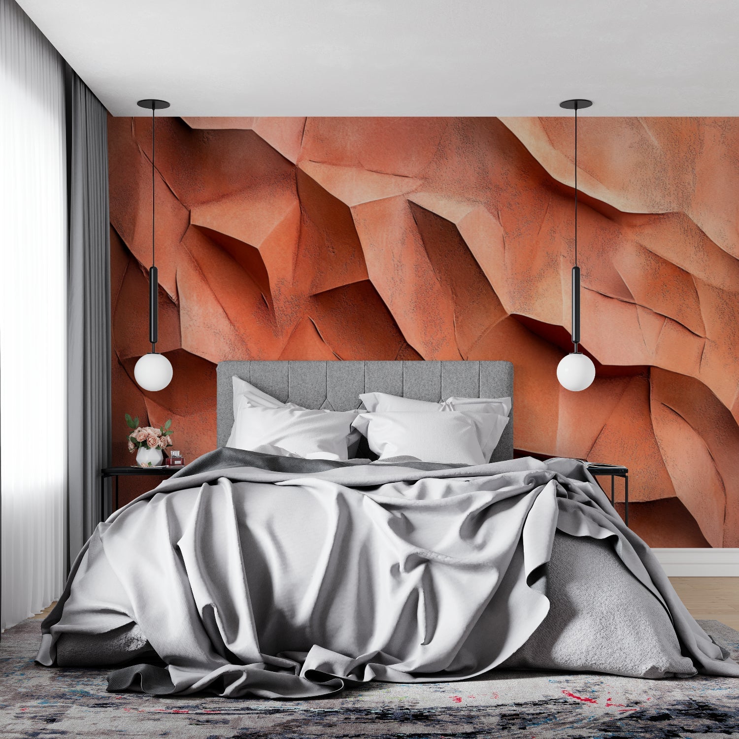 Home office accent wall with 3D geometric terracotta pattern