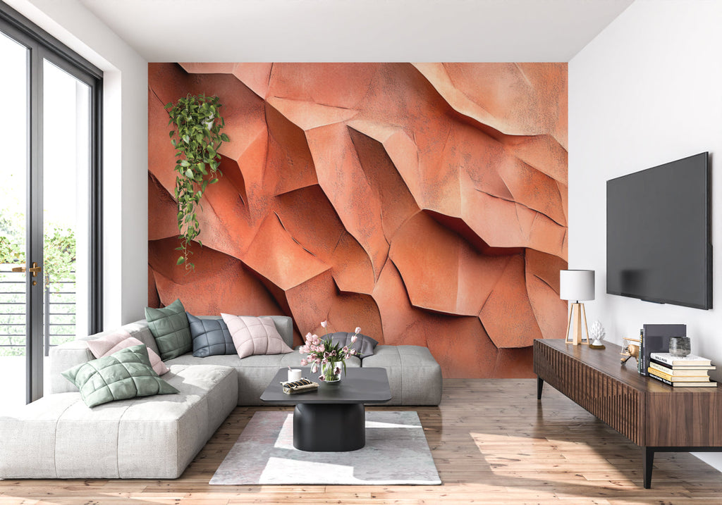 Bedroom featuring modern 3D terracotta wall mural with angular design
