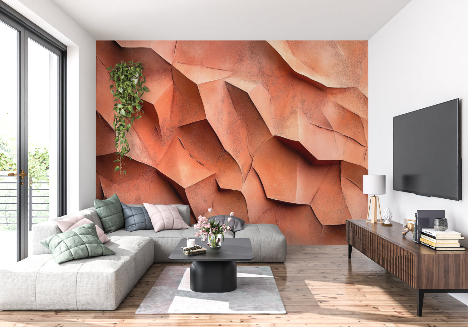 Bedroom featuring modern 3D terracotta wall mural with angular design