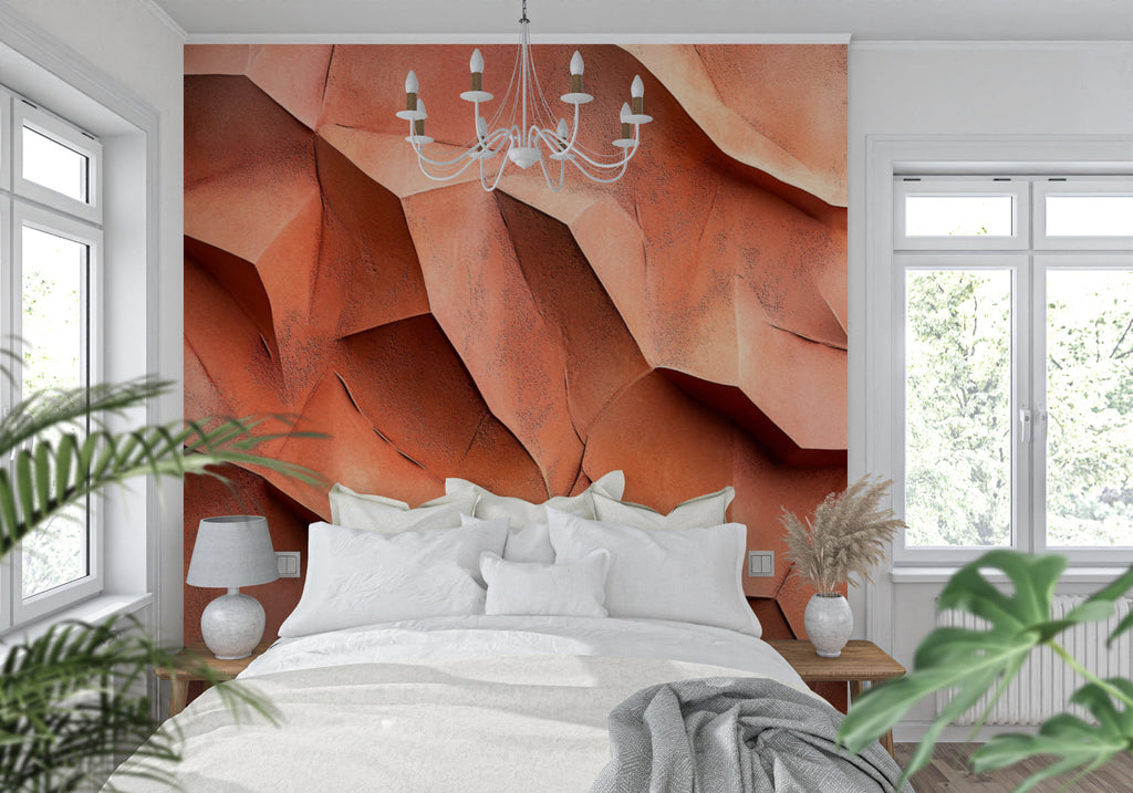 Entryway with contemporary 3D geometric wallpaper in terracotta shades