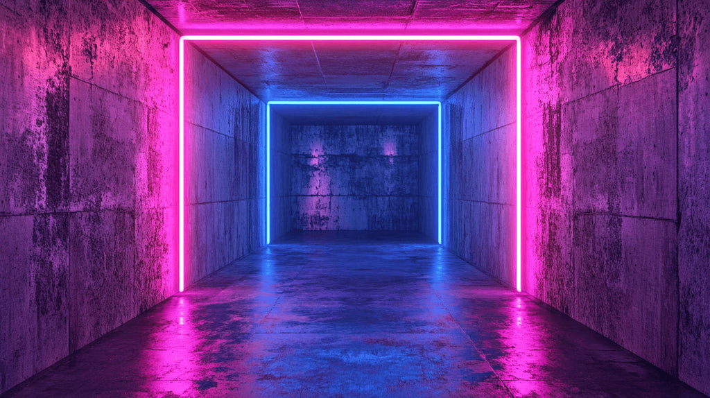Design file of 3D neon tunnel wallpaper showing detailed concrete texture and pink-blue lighting
